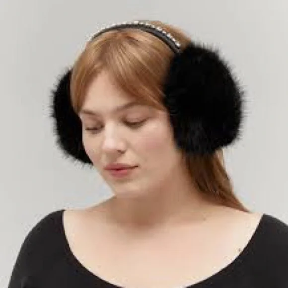 Hill House Noor Earmuffs 🖤 Black Faux Fur Earmuffs with Crystal Studded Band - Picture 7 of 7